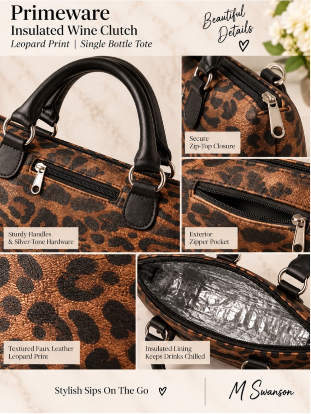 NEW Primeware Leopard Print Insulated Wine Clutch Single Bottle Tote NWOT - Picture 2 of 6